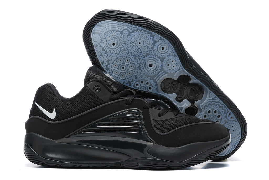All-black Nike KD 16 shoes with a translucent blue-gray patterned outsole.