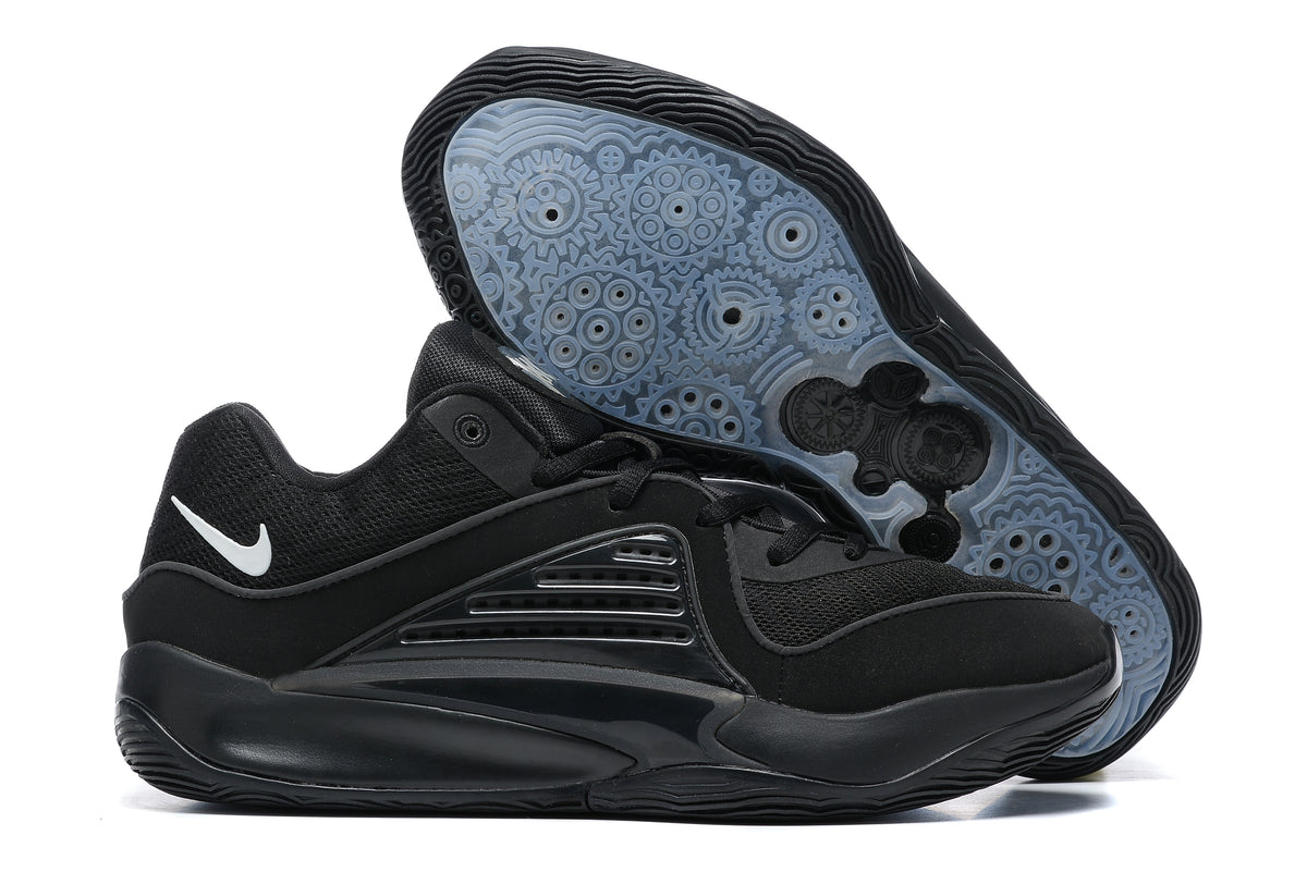All-black Nike KD 16 shoes with a translucent blue-gray patterned outsole.