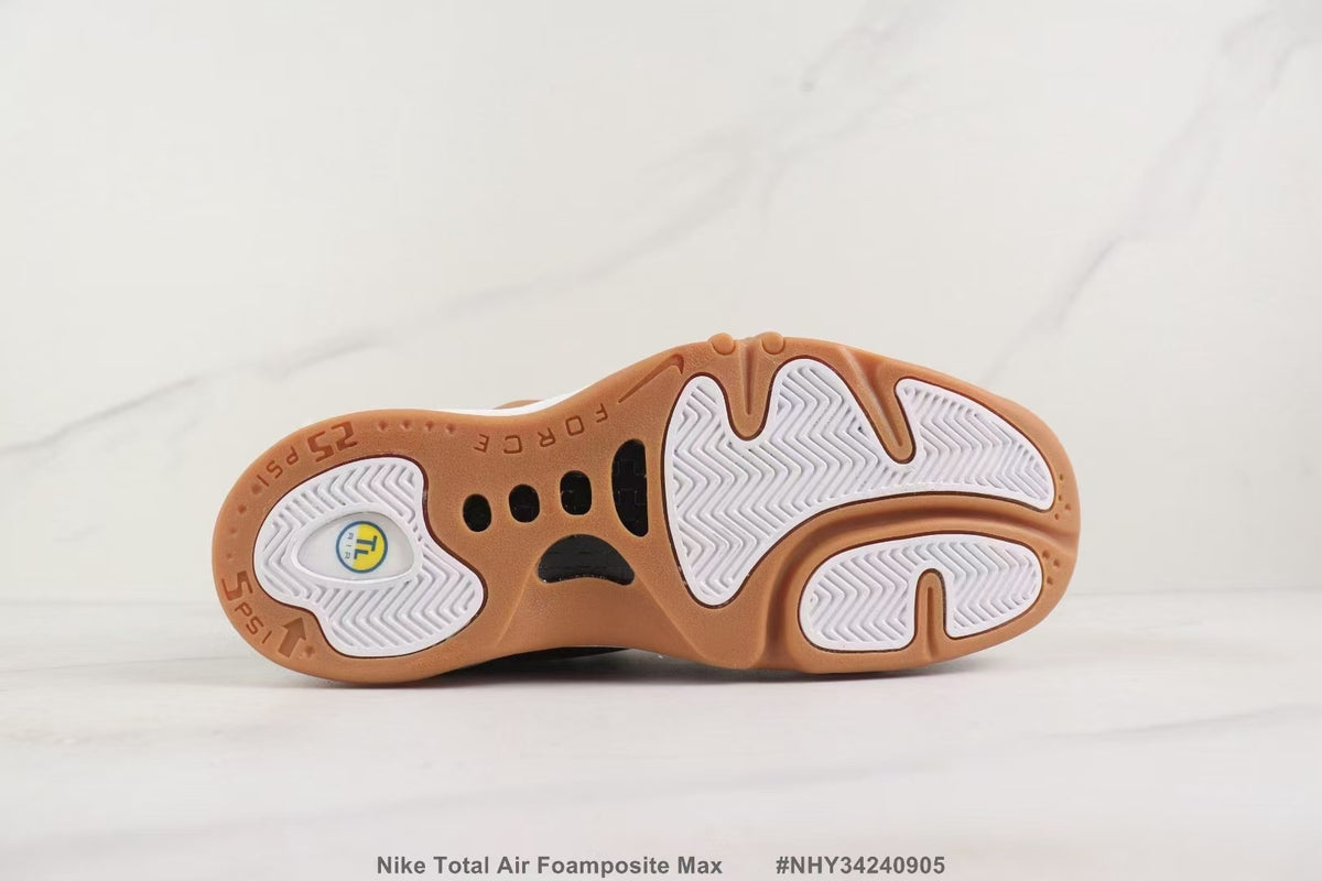 Underside of the sneaker showing a brown outsole with white traction sections