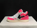 Lateral side profile showing the pink and white upper, black arrow motif, white laces, and textured cream outsole.