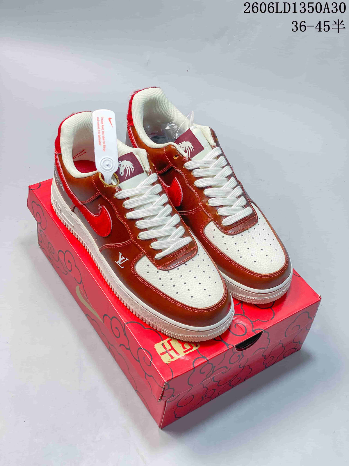 Three pictured sneaker colorways shown from the side, including brown and red, cream and burgundy, and navy and orange.