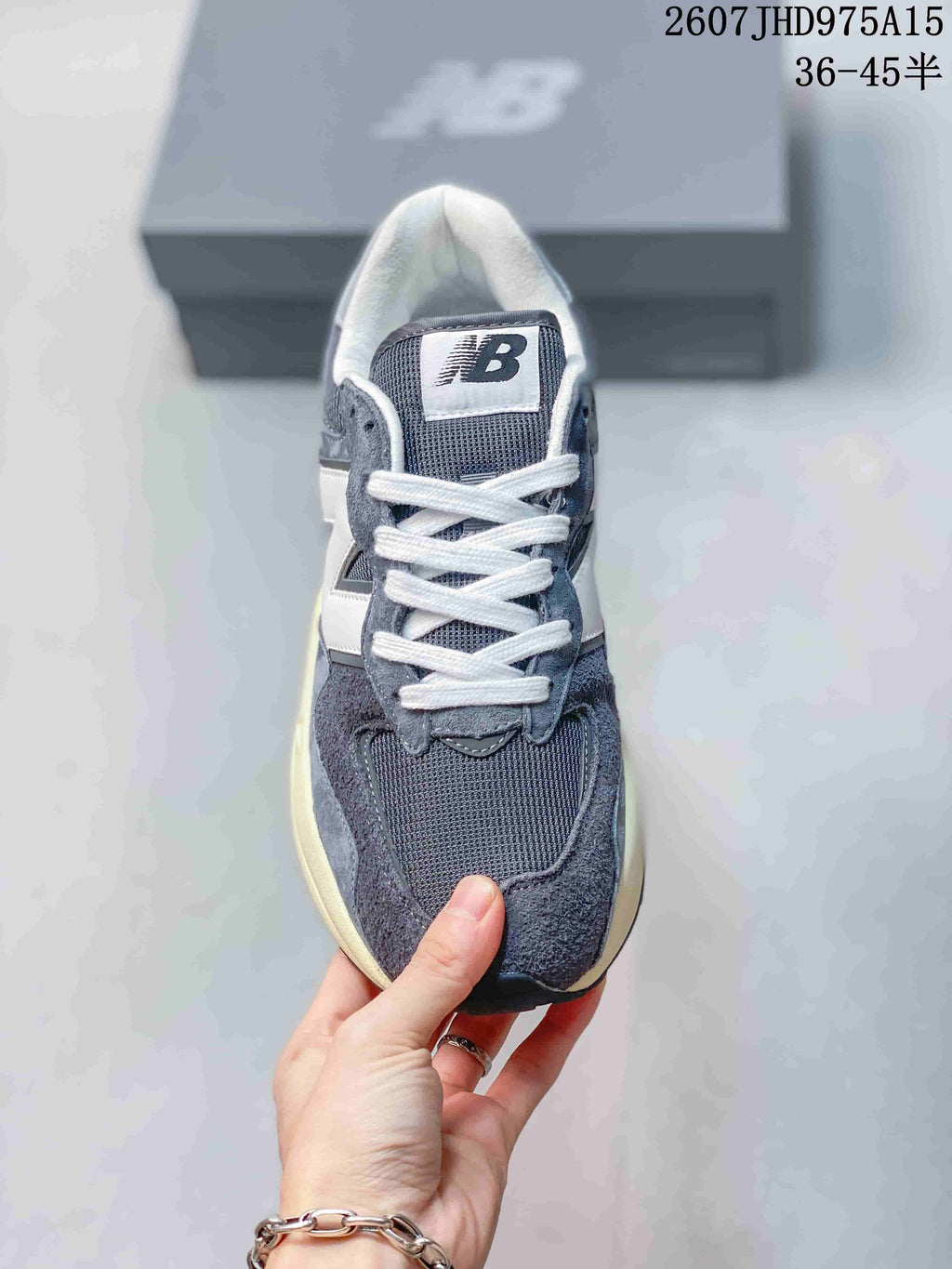 Top view of the New Balance 5740 sneaker showing the white laces, mesh tongue and contrasting toe panels.