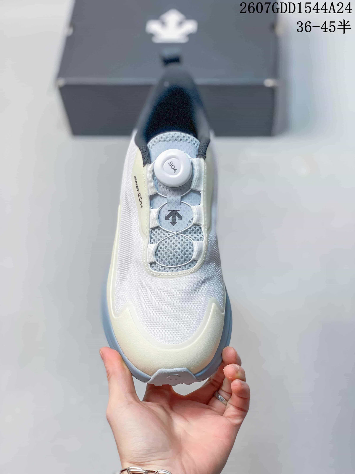 Top view showing the white toe area, mesh-like upper appearance, and BOA-style dial closure.