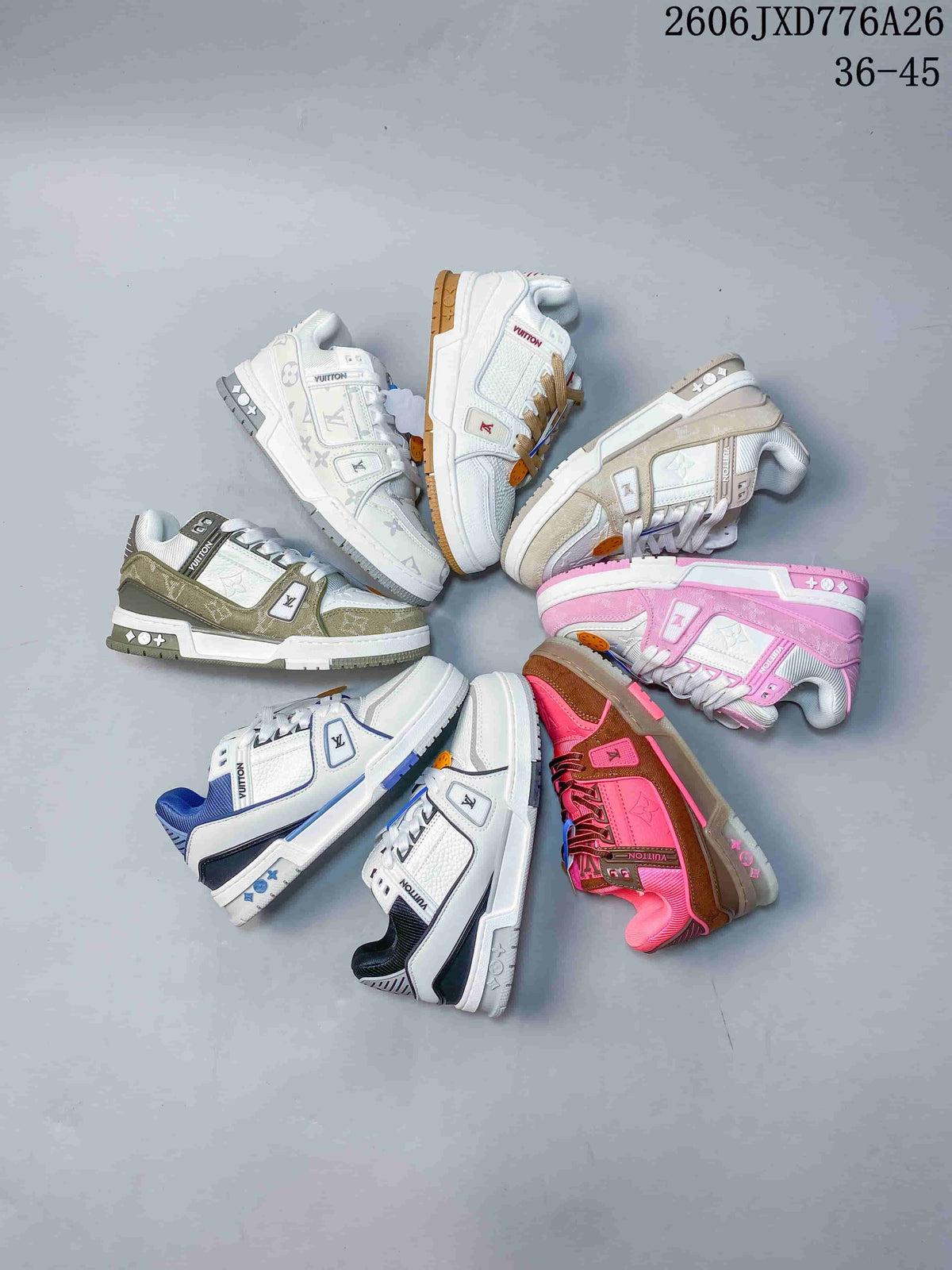 Several low-top sneakers arranged in a circle to show multiple color combinations