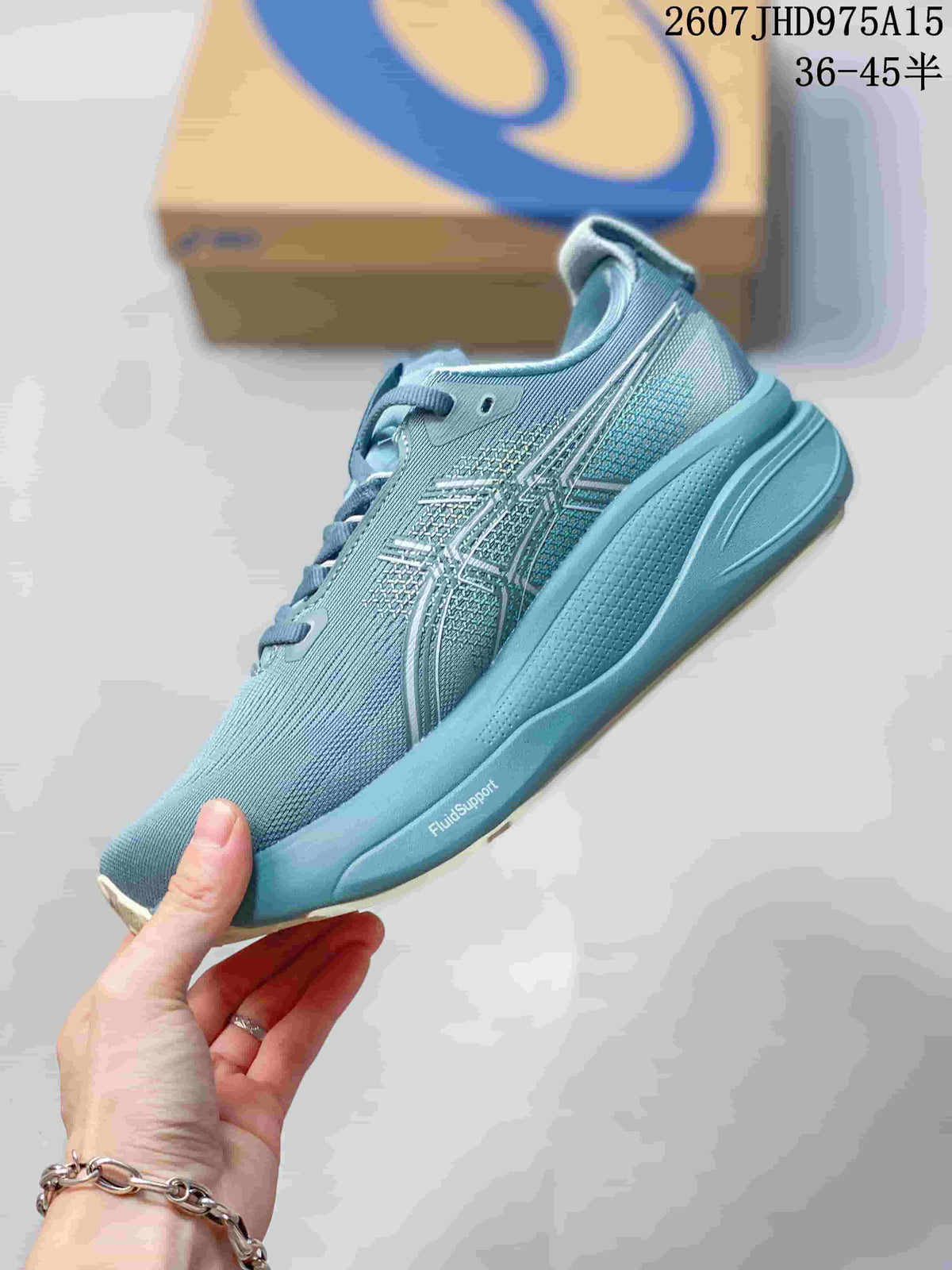 Side view of the blue-teal running sneaker showing the patterned upper, side branding, and FluidSupport marking.