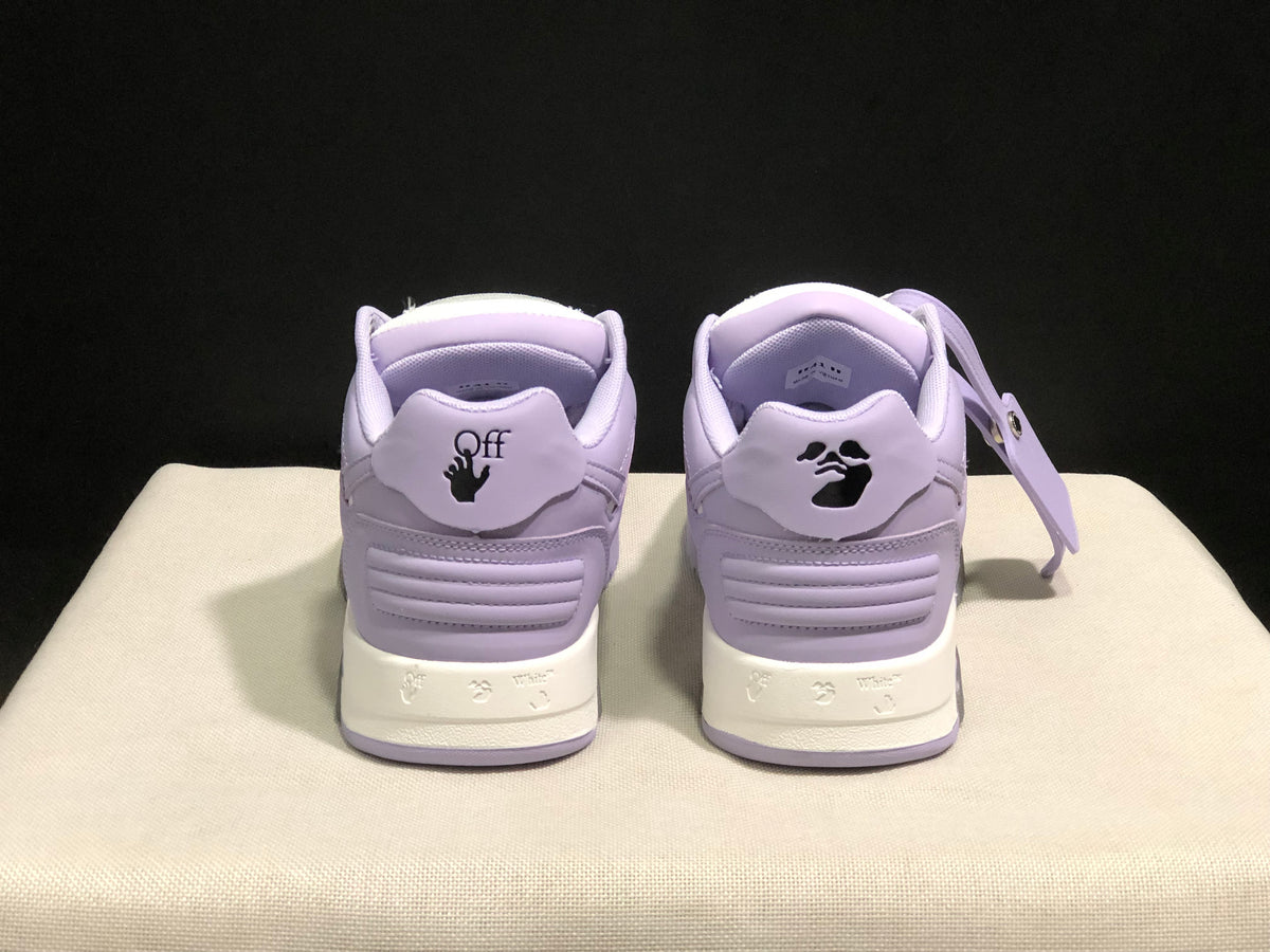 Rear view showing lavender heel panels, padded collars, and graphic heel details.