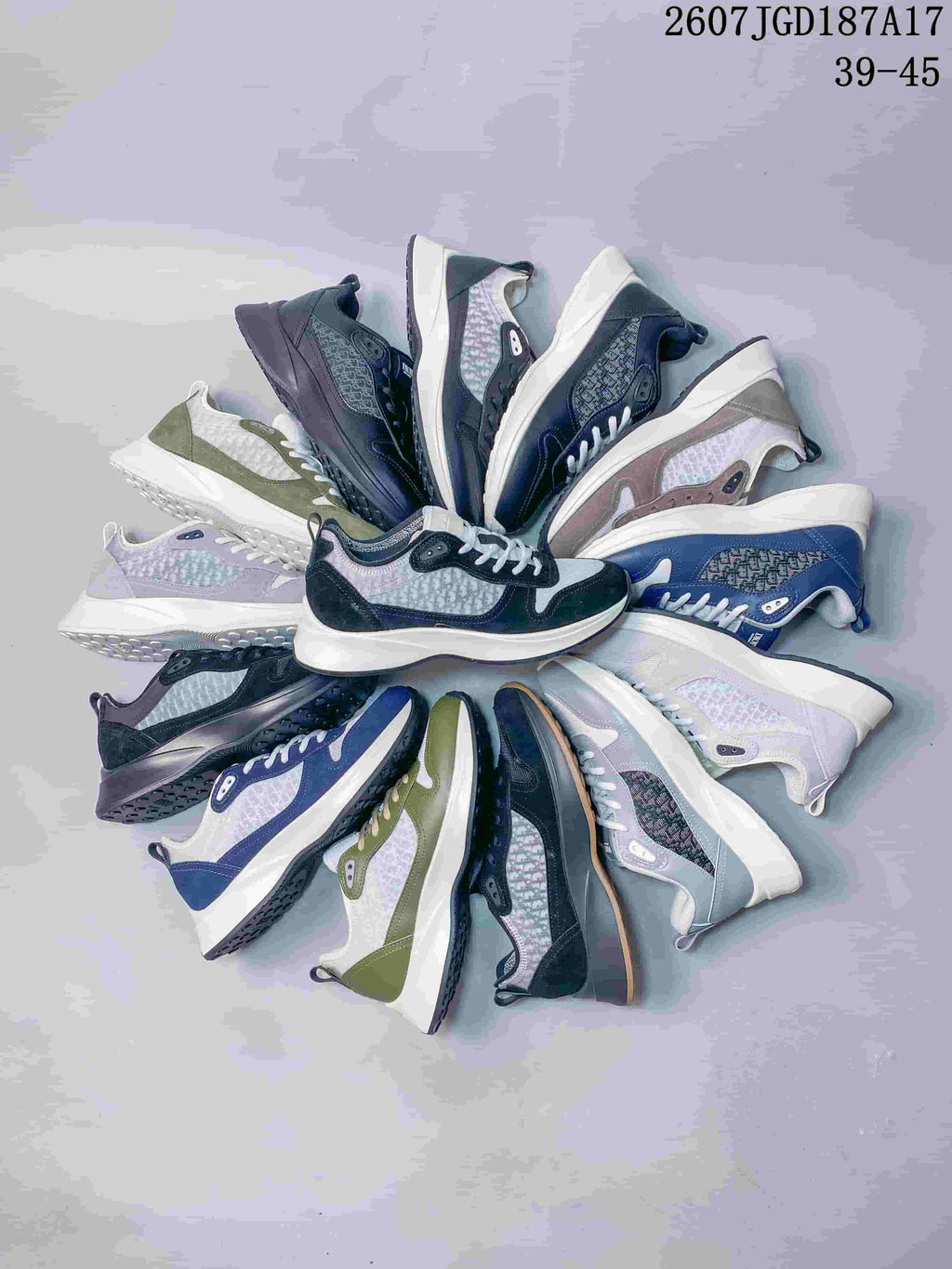 Arrangement of Dior B25 Runner sneakers displaying the range of visible colorways and sole designs.