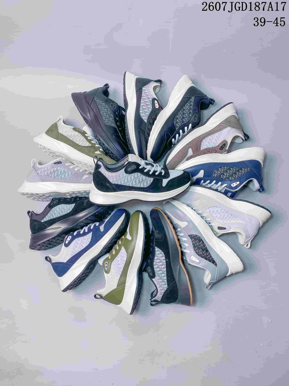 Arrangement of Dior B25 Runner sneakers displaying the range of visible colorways and sole designs.