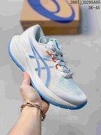 White ASICS running shoe with blue and orange accents and a bright blue outsole.