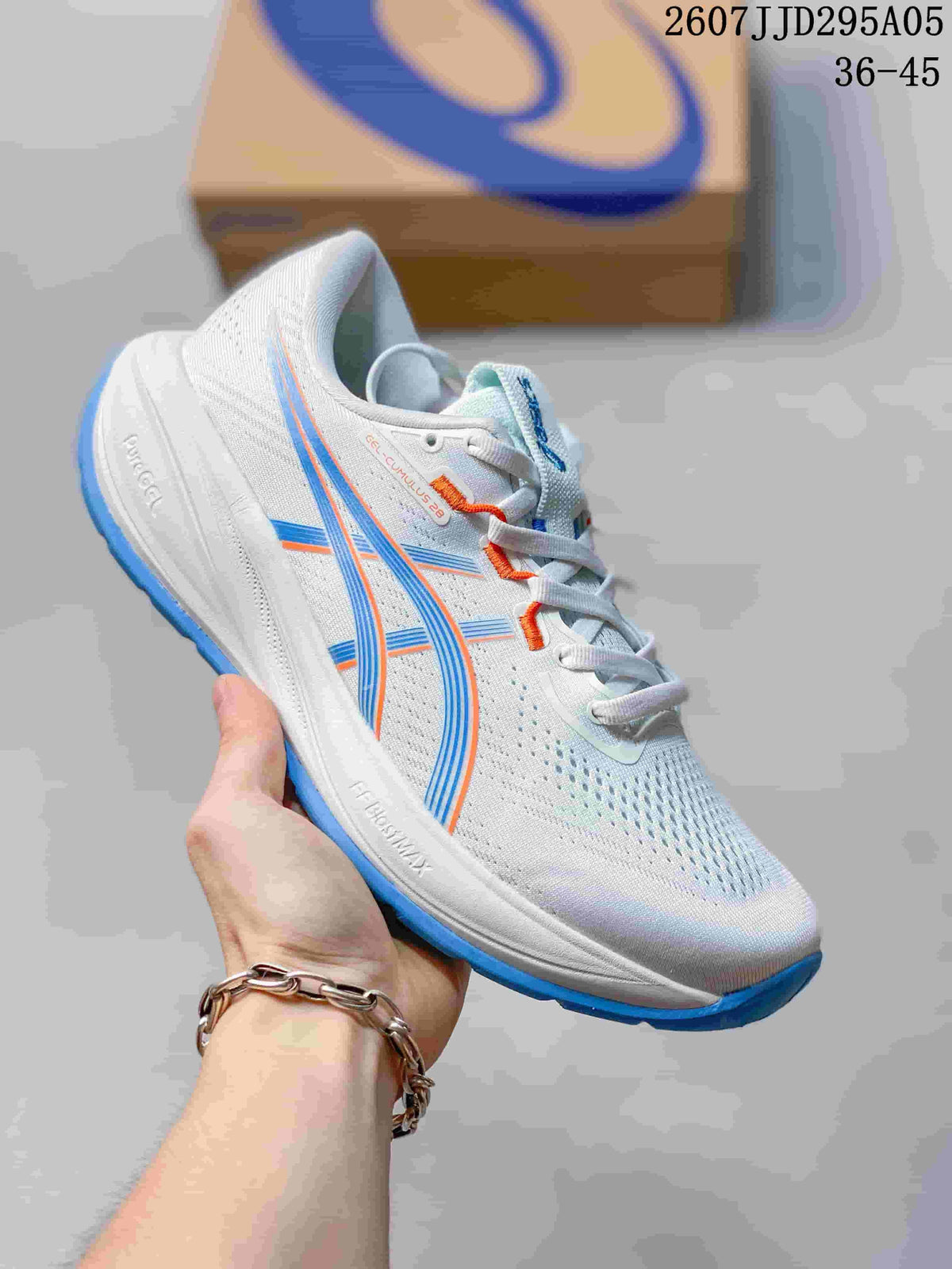 White ASICS running shoe with blue and orange accents and a bright blue outsole.