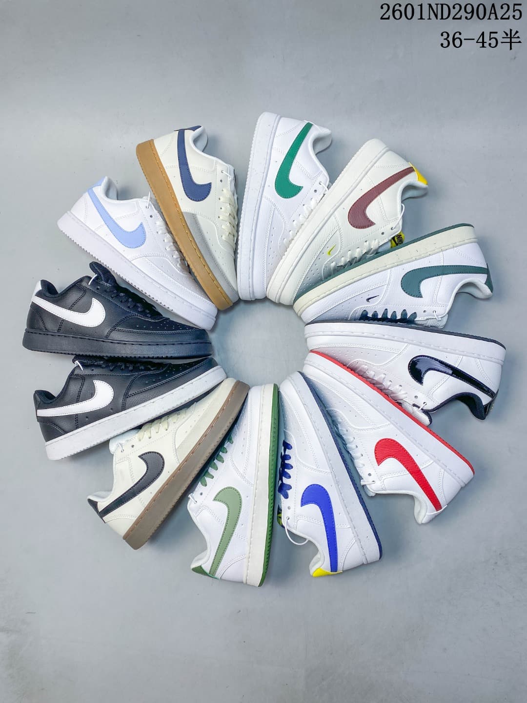 Overhead arrangement showing additional Nike Court Vision Low color combinations.