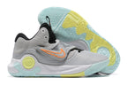 Gray Nike KD basketball shoes with pale blue, mint, and yellow accents.