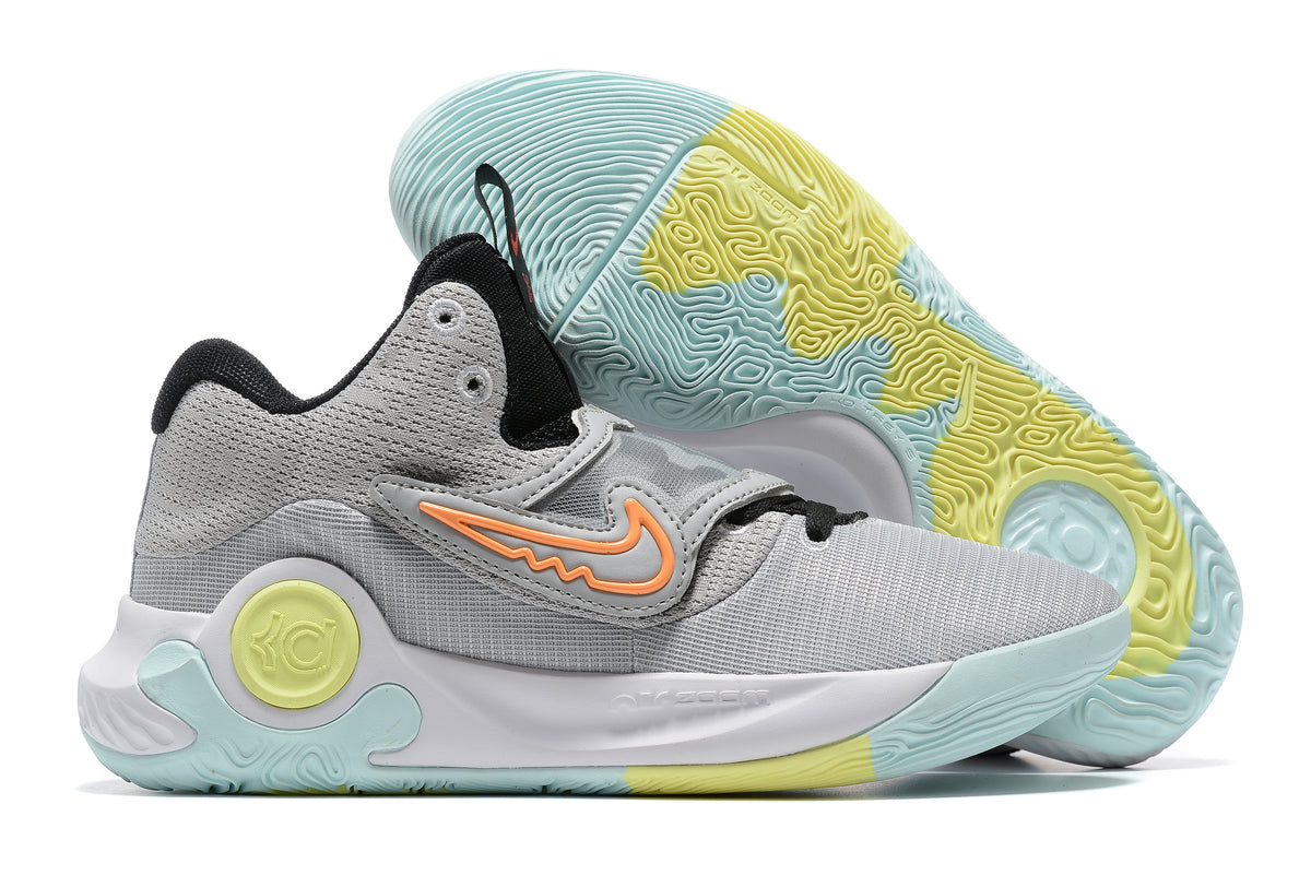 Gray Nike KD basketball shoes with pale blue, mint, and yellow accents.