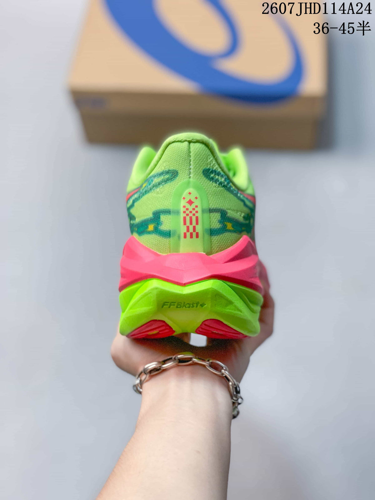 Rear view showing the lime green and pink heel structure and visible FF BLAST marking.