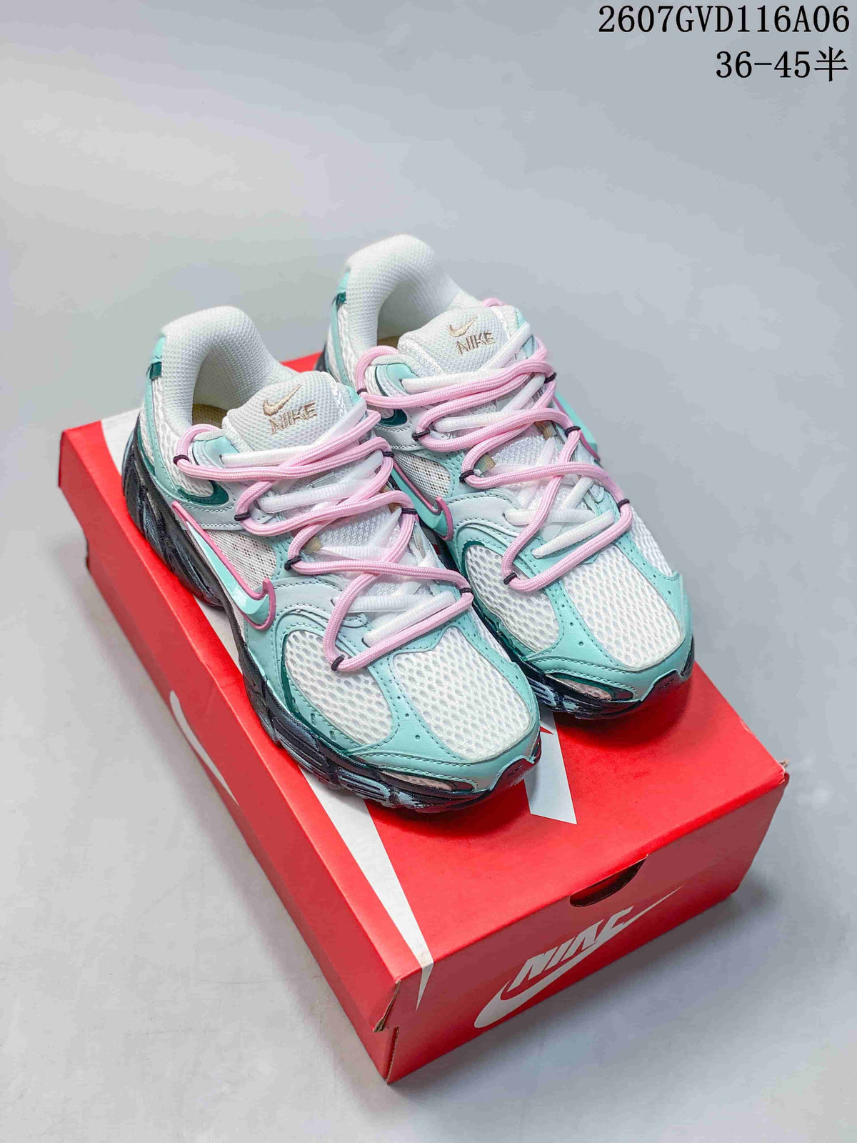 Pair of Nike V5 RNR sneakers in mint, pink, white and black displayed on a red shoebox; image text shows style code 2607GVD116A06 and size range 36–45.