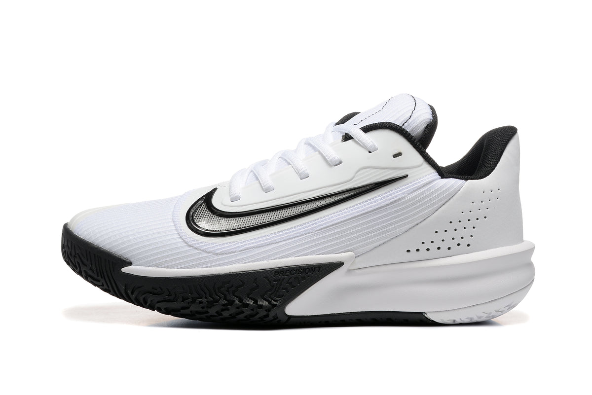 Side profile of a white Nike Precision 7 shoe with black outsole details