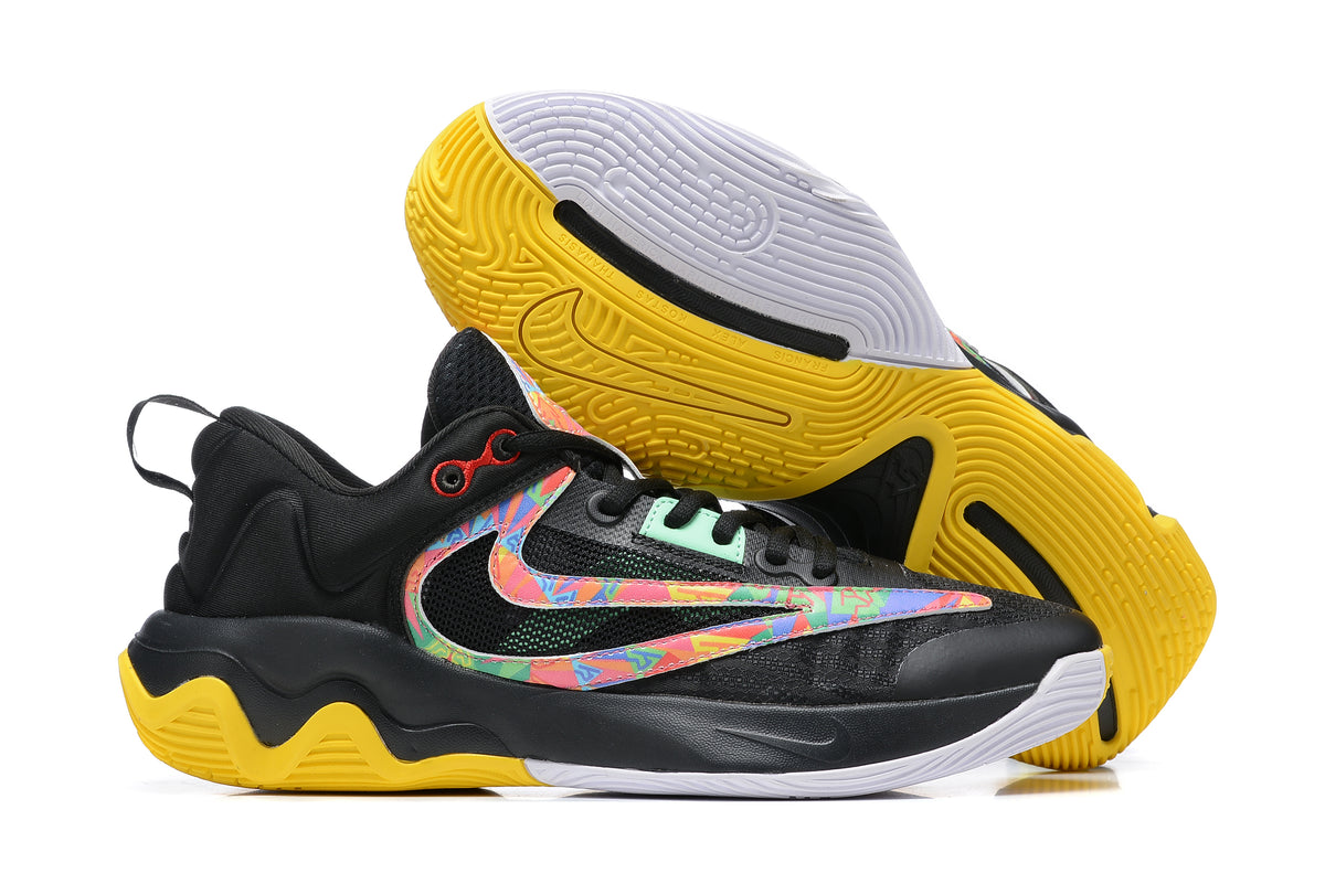 Black basketball shoe with a colorful patterned side logo and yellow outsole