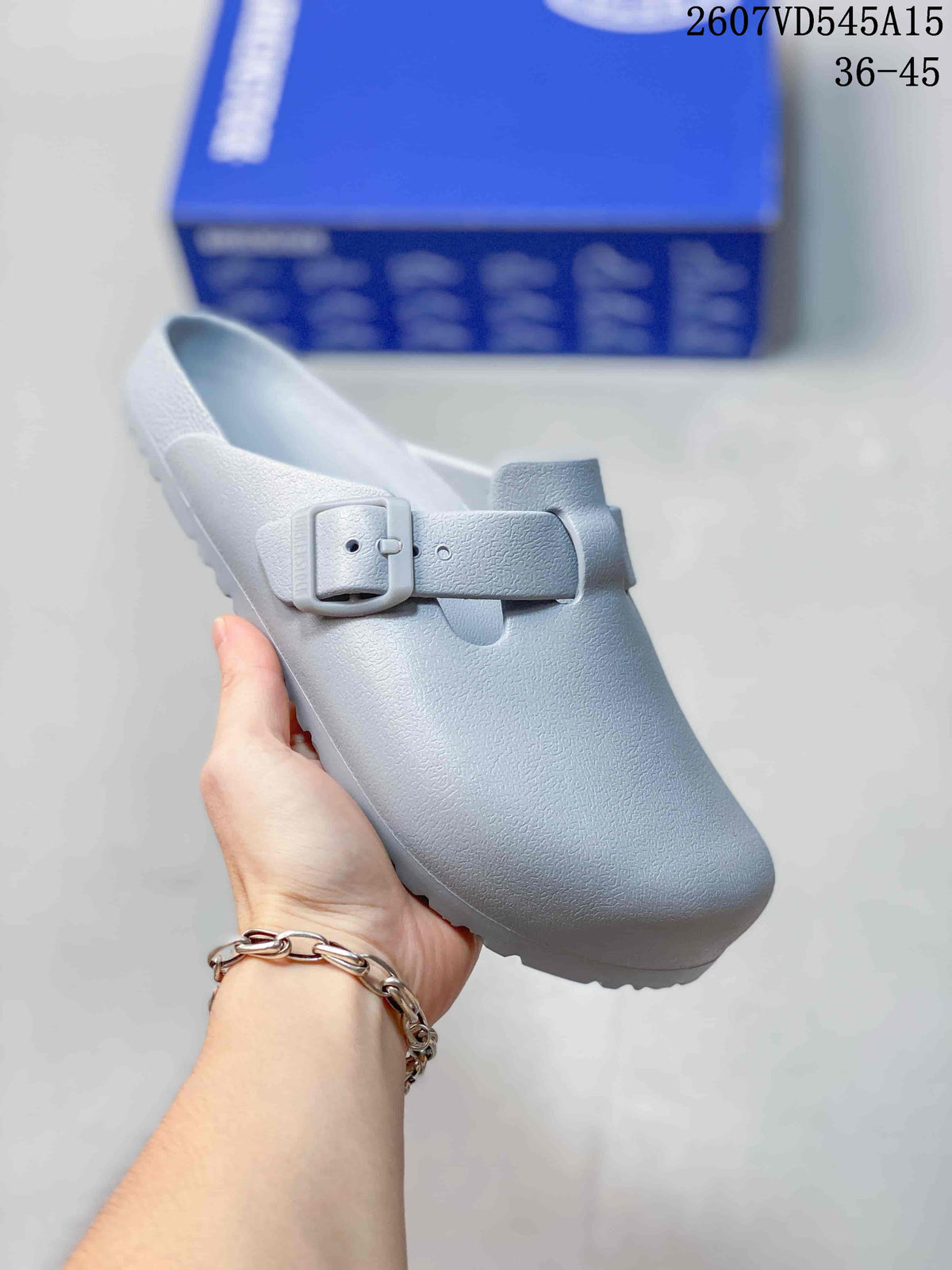 Light blue closed-toe buckle sandal shown from a closer side angle.
