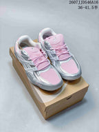 Pink and silver ASICS Hypersync sneakers displayed on an ASICS shoebox.