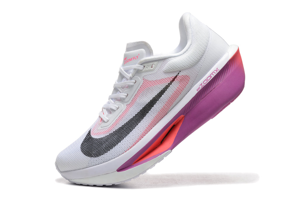 Close view of a white Nike Zoom Fly 6 shoe with pink and purple accents