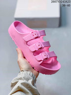 Bright pink Papillio three-strap sandal with matching buckles.
