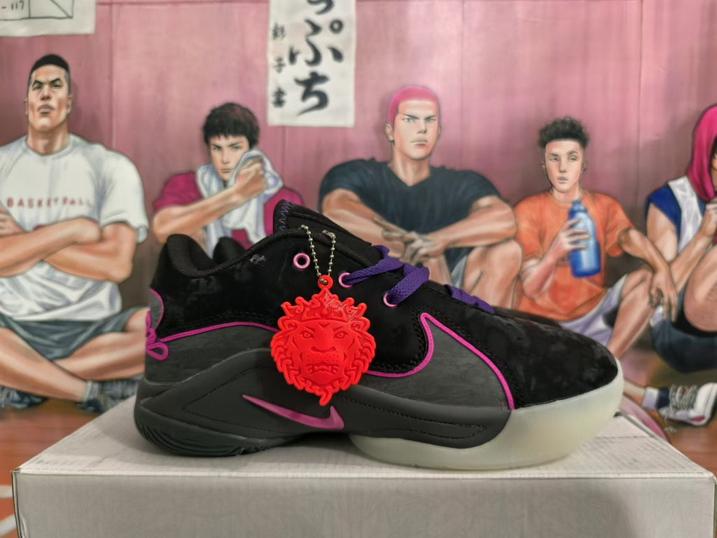 Side view of a black basketball shoe with pink trim, a Nike Swoosh, and a red decorative tag