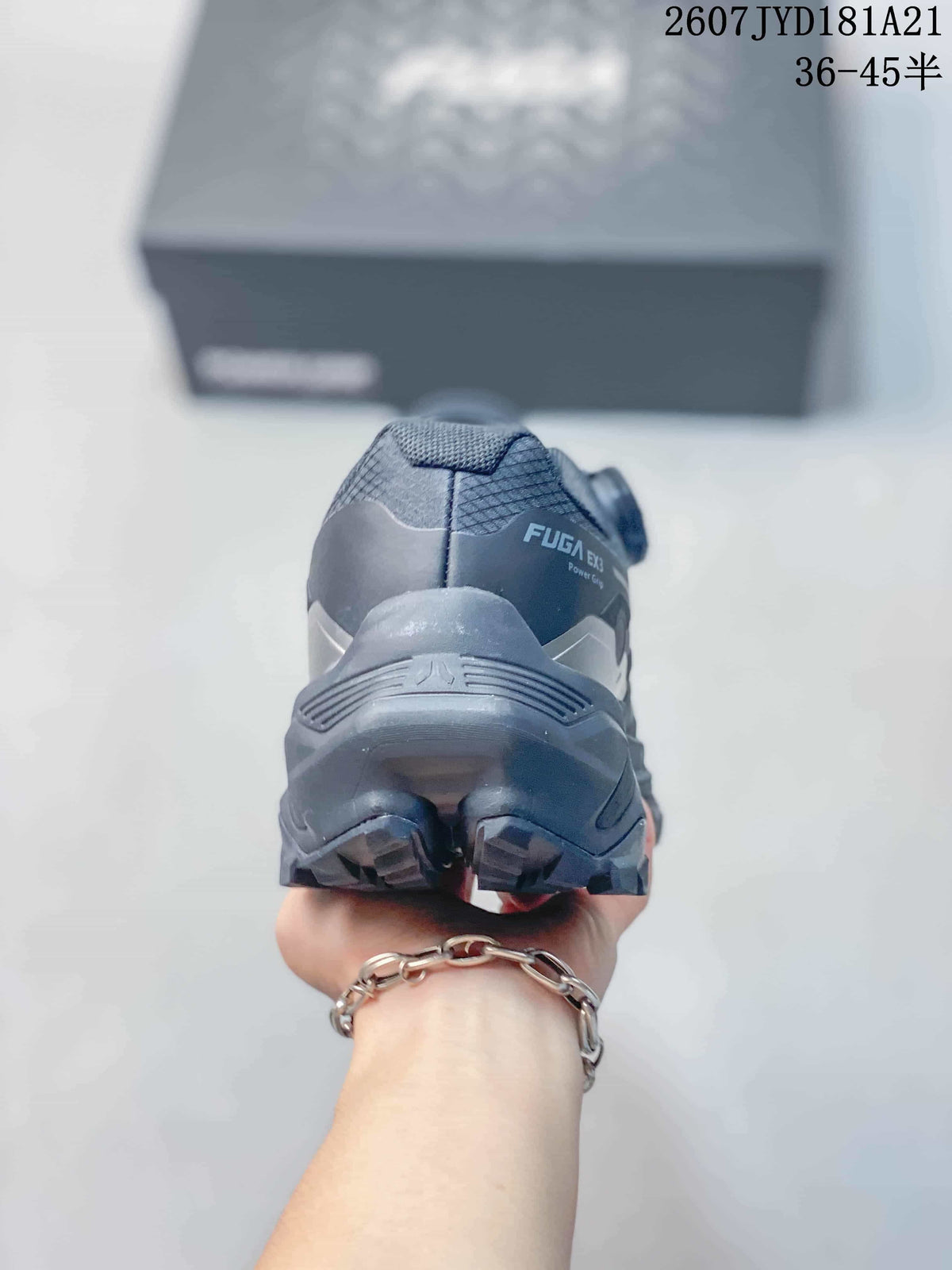 Rear view of the dark gray trail shoe showing the FUGA EX3 heel branding and rugged outsole.