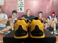 Rear view of black and yellow Nike basketball shoes