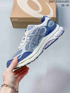 Side profile of a blue and gray ASICS sneaker with layered panels