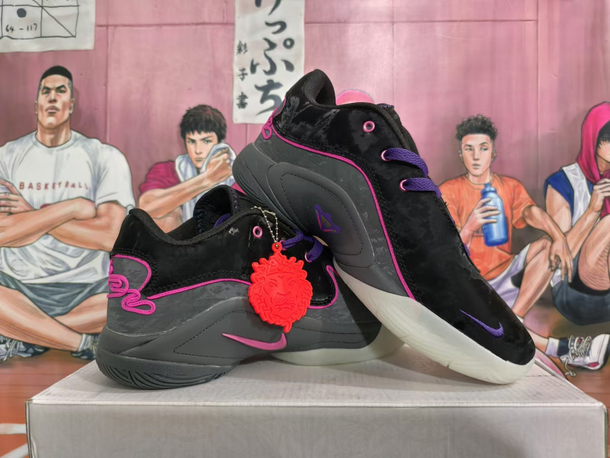 Pair of black basketball shoes with purple laces, pink details, and light-colored outsoles