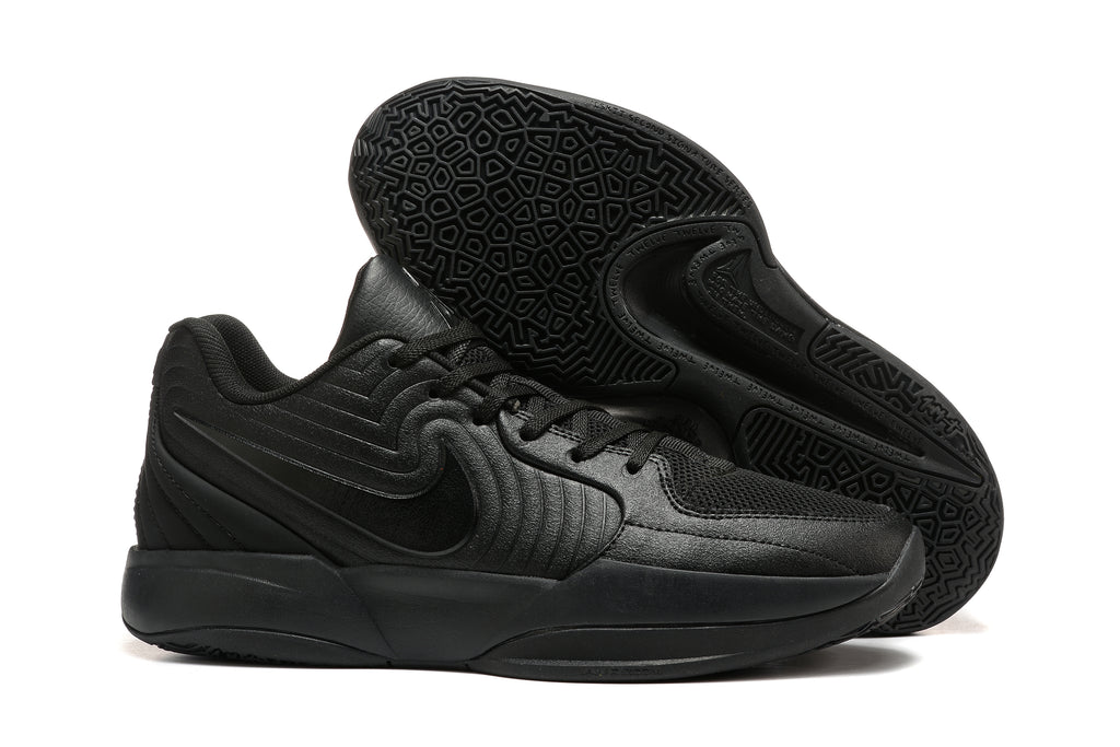 All-black Nike Ja 2 basketball shoes, side and outsole views