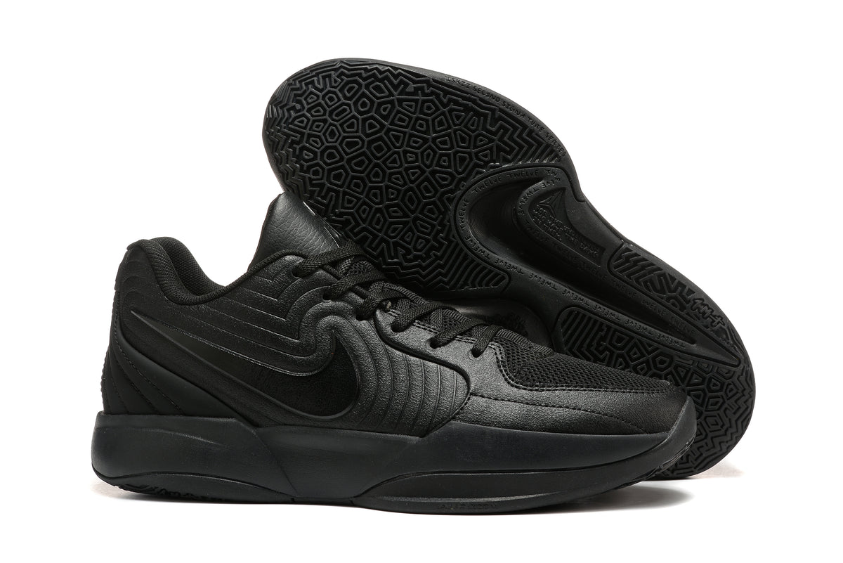 All-black Nike Ja 2 basketball shoes, side and outsole views