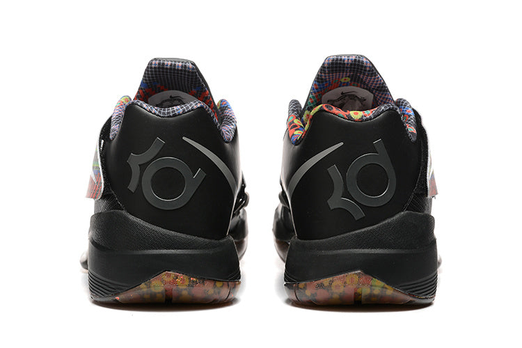Rear view of gray Nike KD 4 shoes with colorful collars and patterned outsole details.