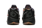 Rear view of gray Nike KD 4 shoes with colorful collars and patterned outsole details.