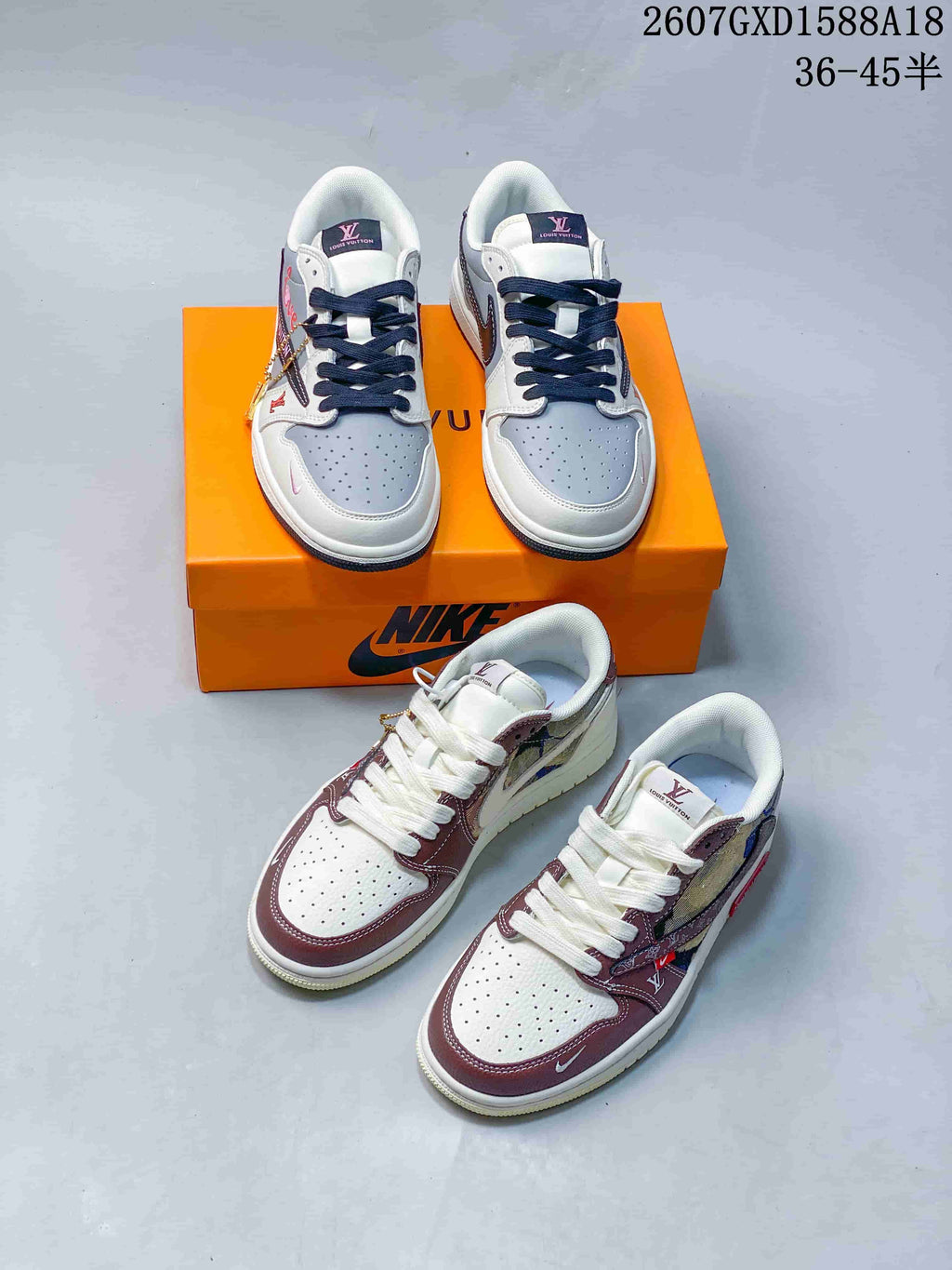 Both gray-and-navy and brown-and-white sneaker colorways shown together, with an orange Nike-marked shoebox in the background.
