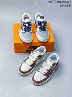 Both gray-and-navy and brown-and-white sneaker colorways shown together, with an orange Nike-marked shoebox in the background.