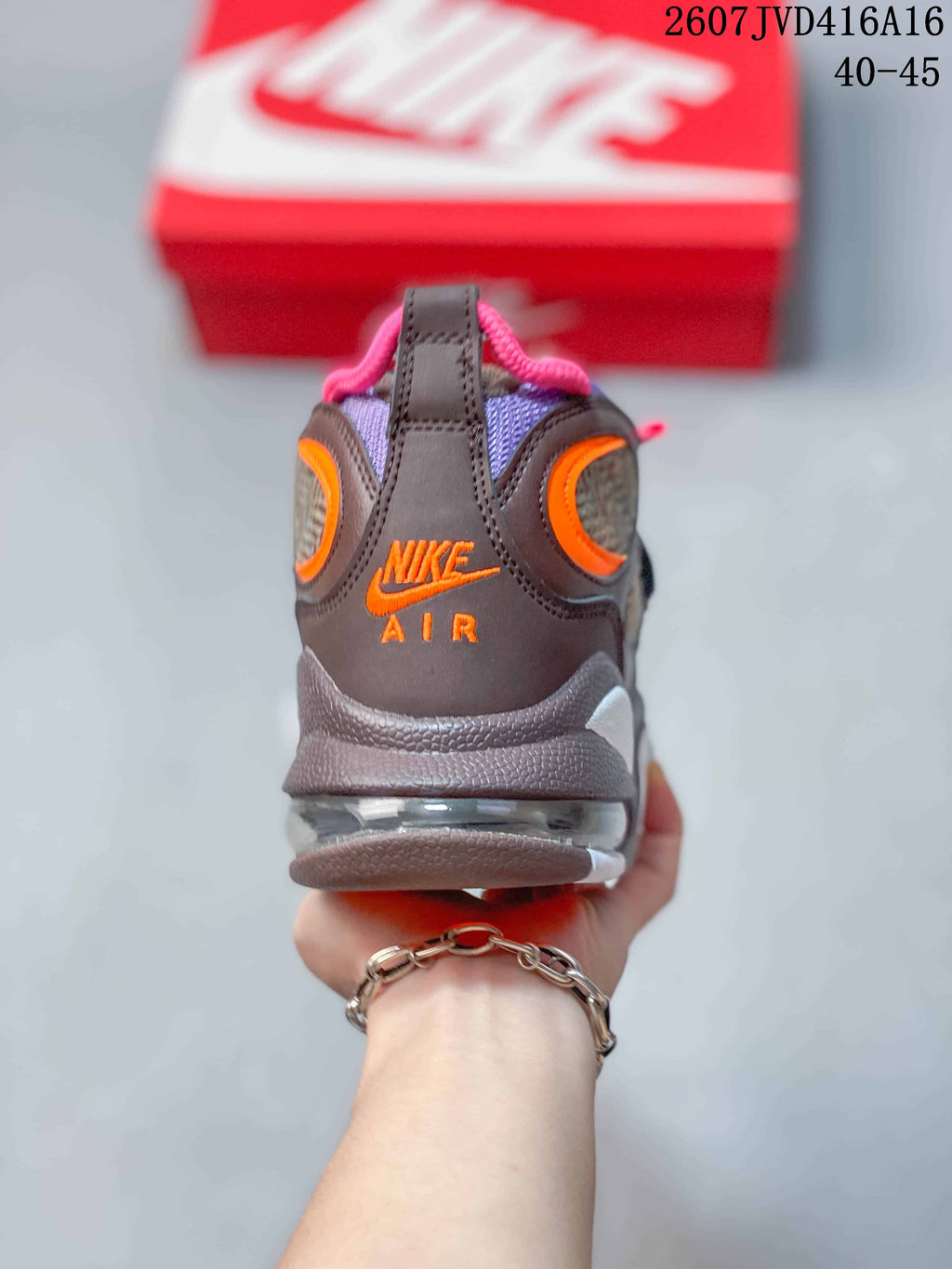 Rear view showing Nike Air branding, orange details, padded collar, and the clear heel cushioning unit; image text shows 2607JVD416A16 and 40–45.