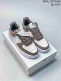 Pair of brown and white Nike Air Force 1 '07 low-top sneakers on a box; image overlay states 36–45.5 and JD972A02.