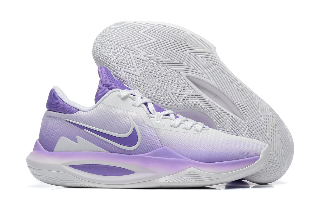 White and purple basketball shoe with a purple outsole and side detailing.