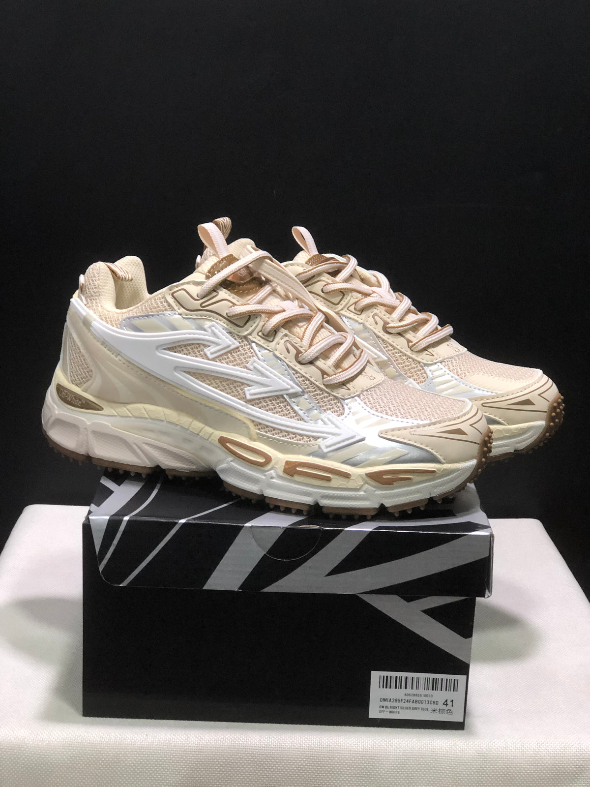 Pair of cream OFF-WHITE Be Right Back sneakers displayed on a branded box; the box label shows size 41.