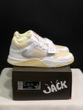 Pair of white and cream Jordan Jumpman Jack sneakers displayed on a black shoebox, with the box label visible.