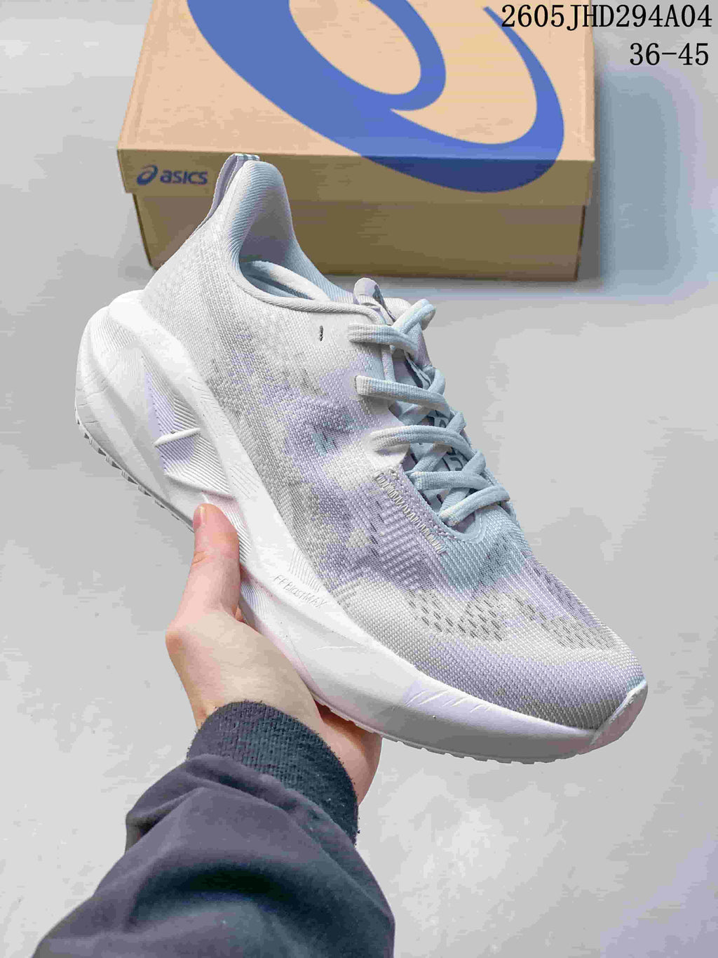 White and pale blue ASICS NOVABLAST 5 LE running shoe