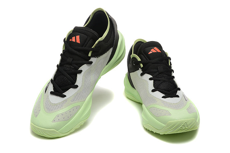 Pair of pale gray Adidas Adizero shoes with light green soles and coral tongue logos