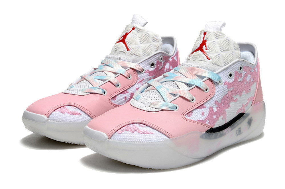 Pair of pink and white Jordan Luka 39 shoes viewed from the front