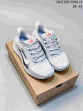 Pair of white and gray Nike low-top sneakers displayed on a shoebox, with the source size range 36–45 visible above.