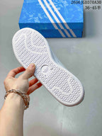 Close-up of the white patterned outsole and blue shoe box