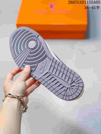 Close-up of the gray textured outsole and circular heel tread on a Jordan sneaker.