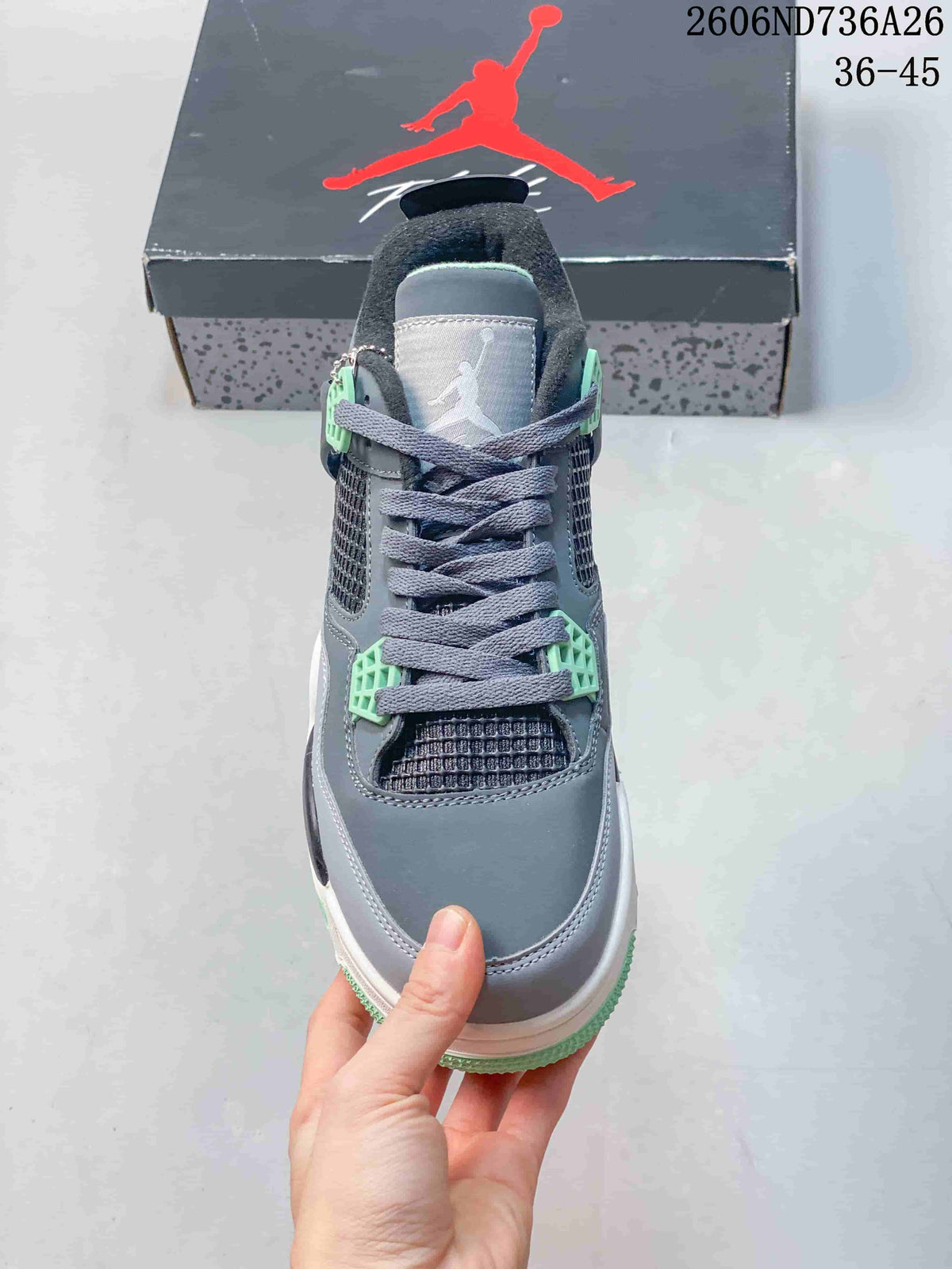Top view showing the grey laces, mesh tongue and vamp panels, and mint lace hardware.