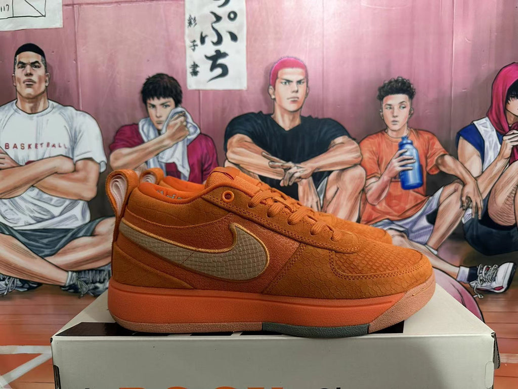Side view of an orange Nike low-top sneaker with a tan Swoosh