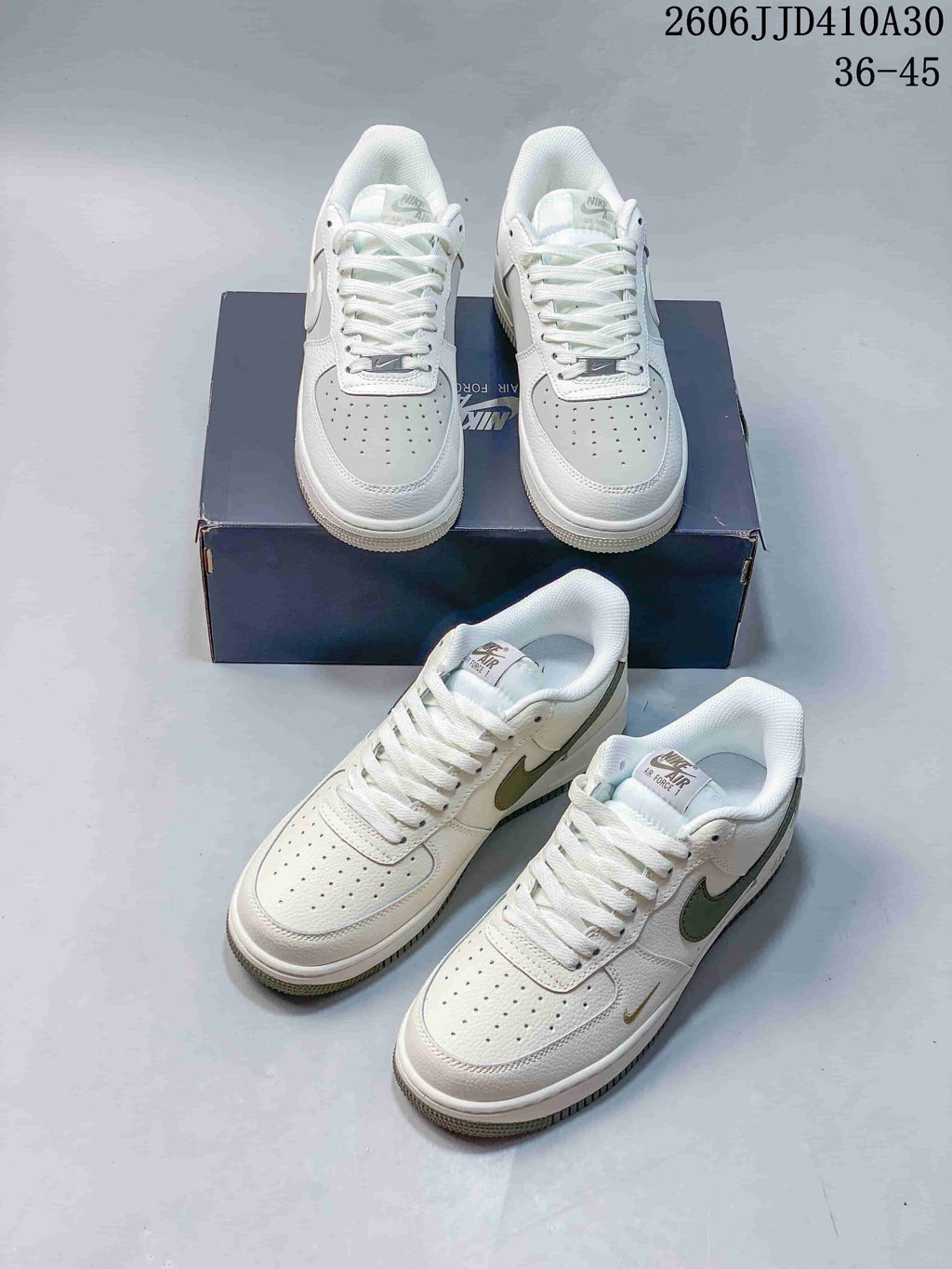 White Nike Air Force 1 '07 Low sneakers with olive-colored accents shown from multiple angles